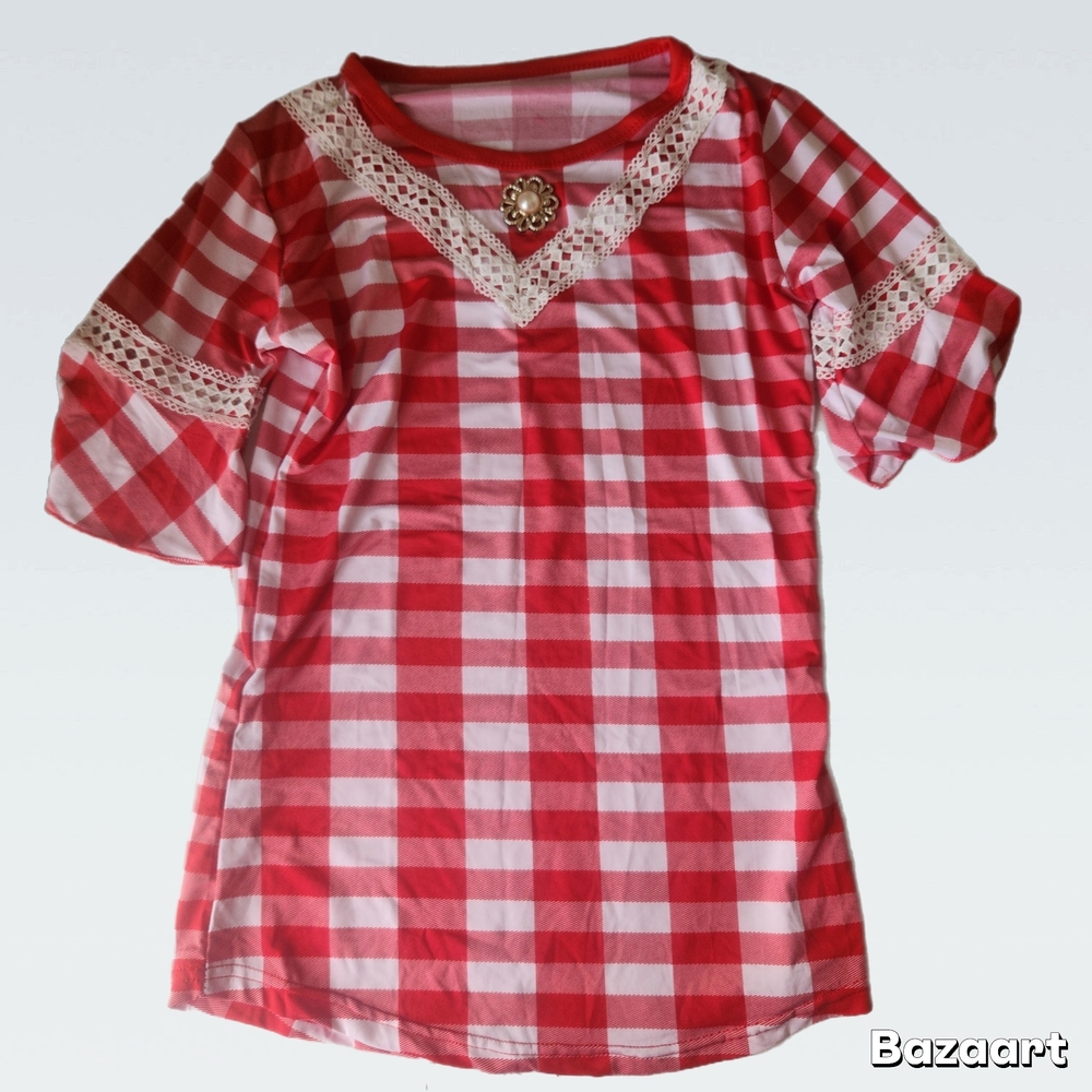 Women's Red Checkered Blouse with Lace Trim